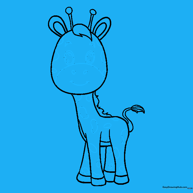 Adding facial details like eyes, mouth, and the giraffe's signature body spots.
