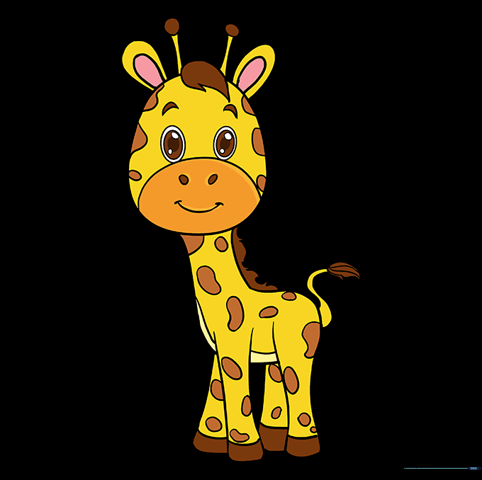 The finished baby giraffe drawing colored with yellow and brown spots.