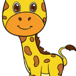 A colorful, finished illustration of a cute baby giraffe standing in a safari setting.
