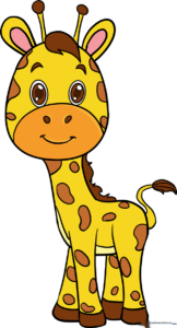 A colorful, finished illustration of a cute baby giraffe standing in a safari setting.