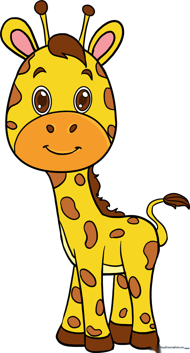 A colorful, finished illustration of a cute baby giraffe standing in a safari setting.