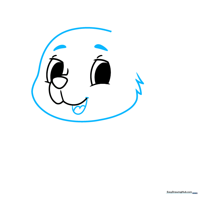 Pencil sketch of a puppy head with fluffy fur texture and an open mouth.