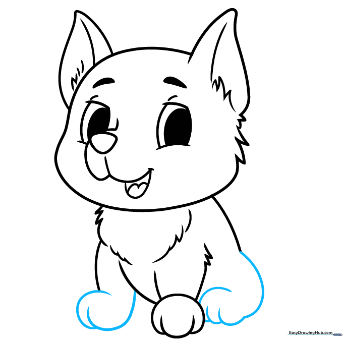 Pencil sketch showing the addition of rear legs to the puppy drawing.