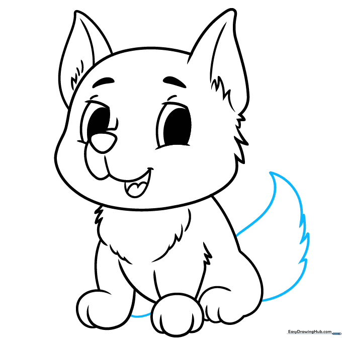 Pencil sketch of a puppy with a large, fluffy tail added.