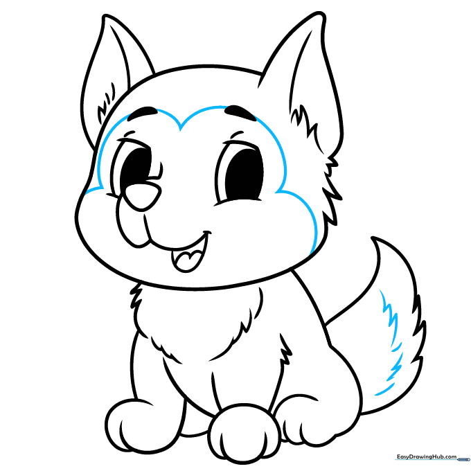 Pencil sketch showing the final details and facial markings on the puppy.