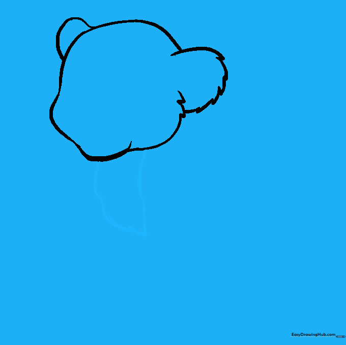 Drawing the chest area of the lion cub using smooth, overlapping curved lines.