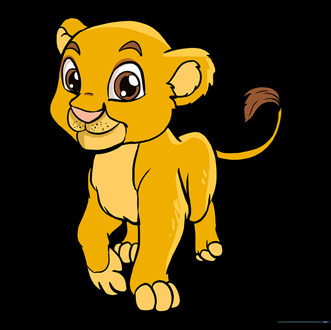 A fully colored, cute baby lion cub with sandy yellow fur.