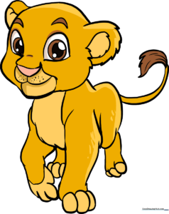 A vibrant, finished drawing of a cute baby lion cub, perfect for kids to emulate.