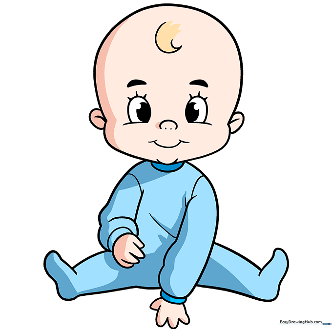 The finished, colored cartoon baby drawing with a cheerful expression.