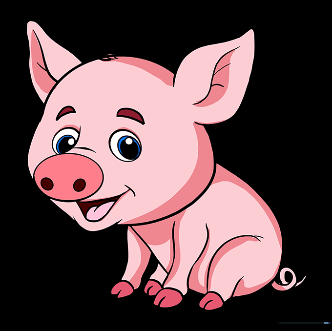 A fully colored, cute baby pig drawing.