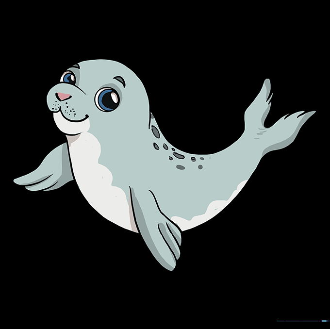 Finished, colored drawing of a cute baby seal with spots and expressive features.