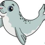 A finished, colorful, and friendly baby seal illustration, serving as the final goal for the drawing tutorial.