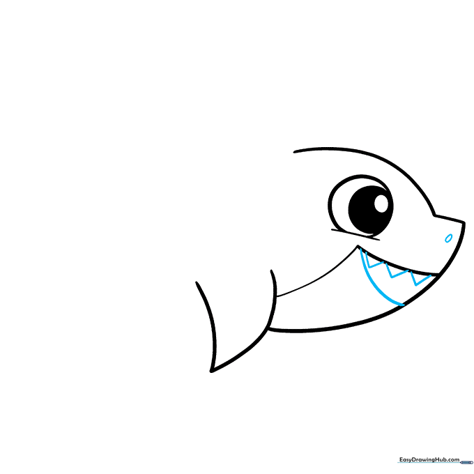 Drawing small triangular teeth inside the shark's open mouth.