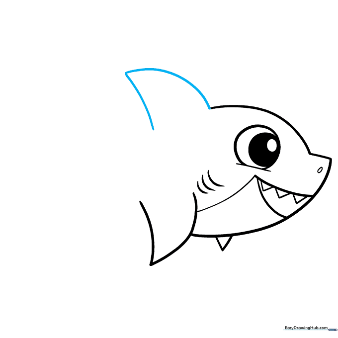 Drawing the large triangular dorsal fin on the top of the shark's back.