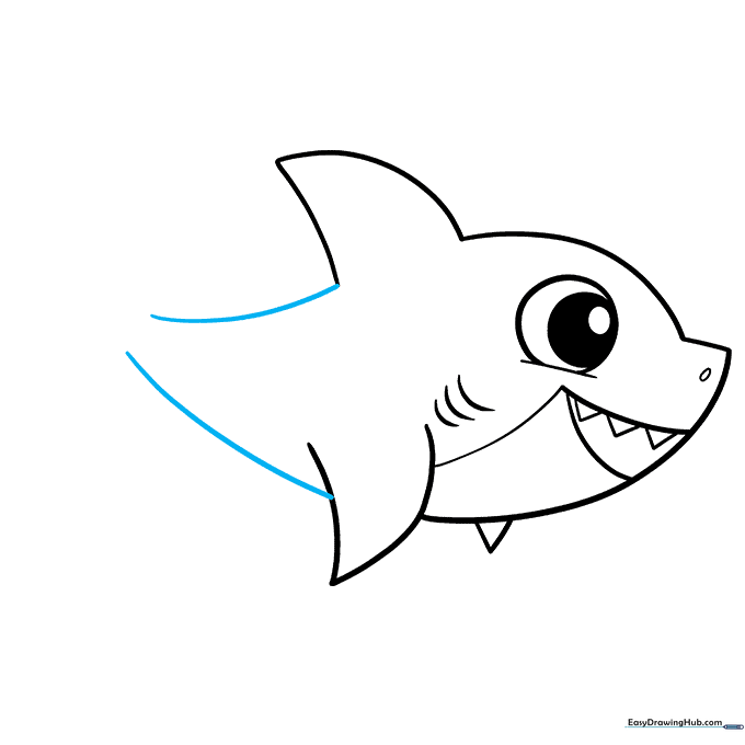 Outlining the shark's tail with long, flowing curved lines.