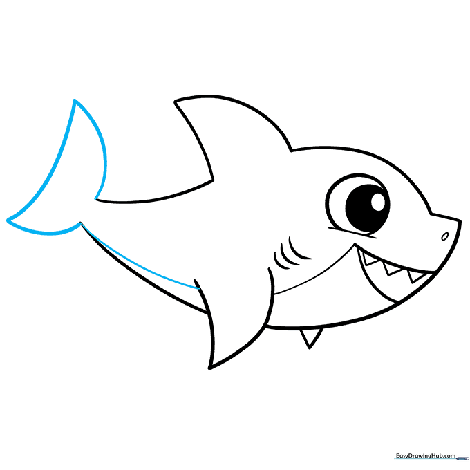 Finalizing the shark's tail fin and underbelly line for a complete outline.