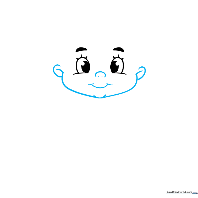 Adding the baby's ears, nose, and smiling mouth to the facial structure.