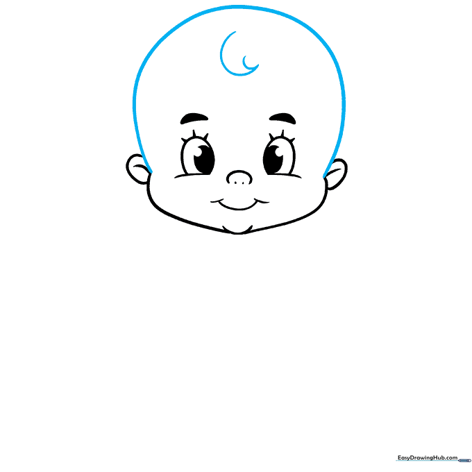 Drawing the rounded outline of the baby's head and a small hair curl.