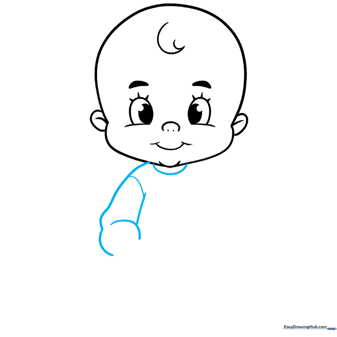 Outlining the baby's neck and the start of the clothing sleeve.