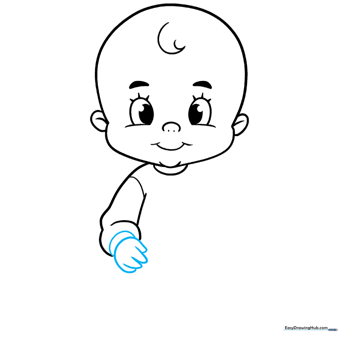 Sketching the cuff and the baby's hand at the end of the sleeve.