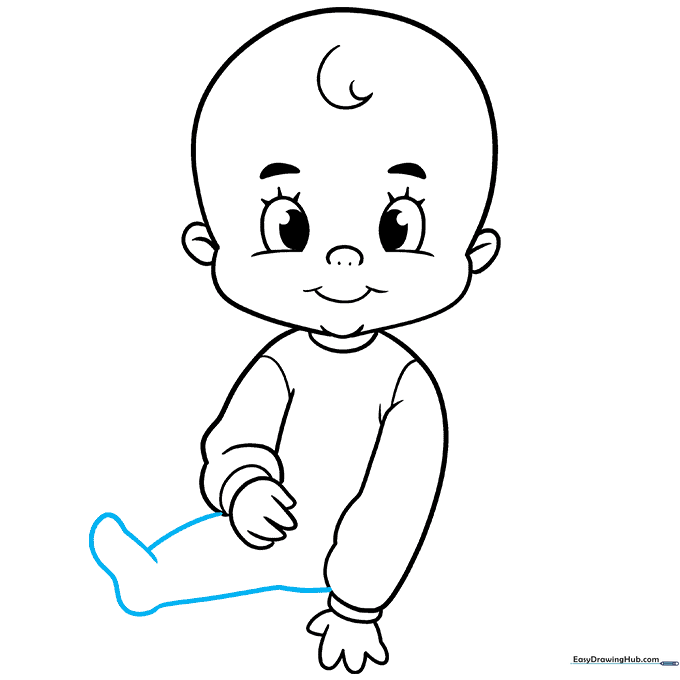 Drawing the baby's first leg and foot using soft, curved lines.