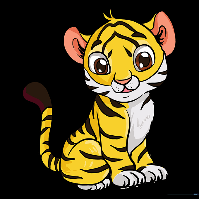 The completed baby tiger drawing colored with orange fur and black stripes.