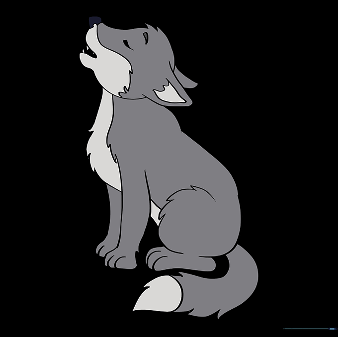 The final colored drawing of a cute baby wolf.