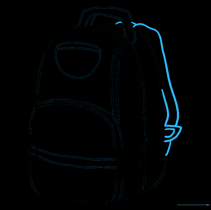 Drawing the shoulder straps and buckle details on the backpack.