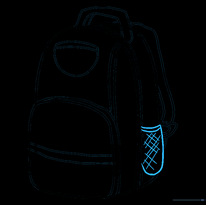 Adding a mesh water bottle holder to the side of the backpack using cross-hatching.