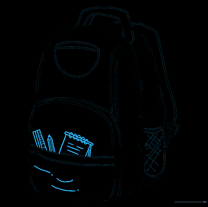 Sketching school supplies like a notebook and pencil inside the backpack pocket.