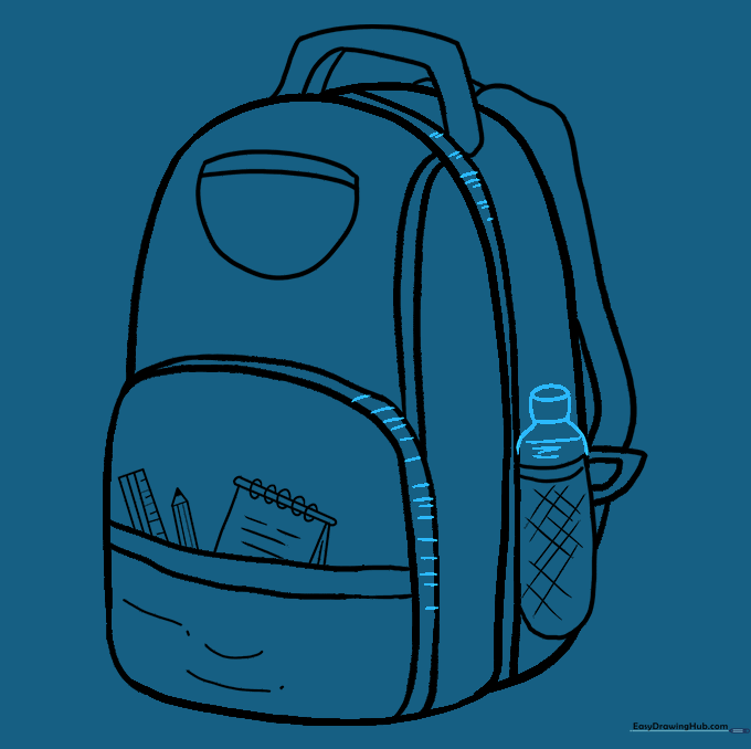 Adding final details like zipper teeth and a water bottle to the backpack.