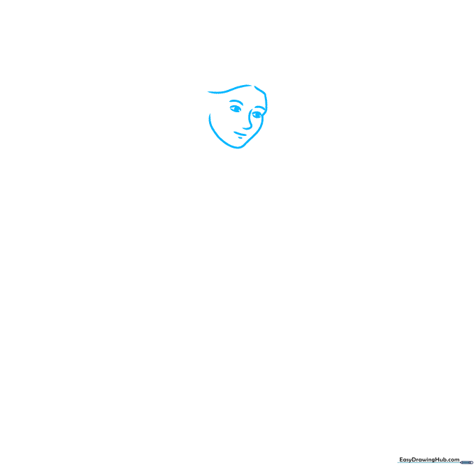 Close-up sketch of a cartoon badminton player's face showing eye and nose placement.