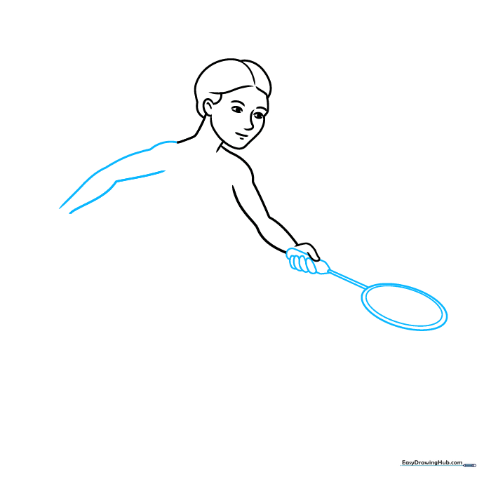 Sketching the badminton racket held by the character.