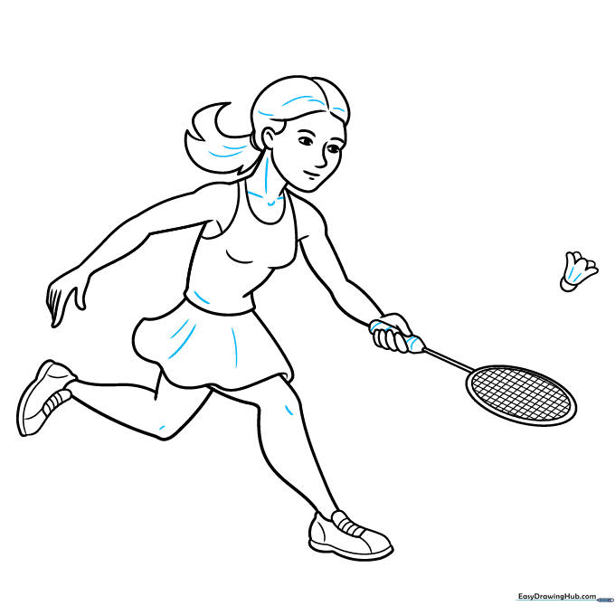 Final ink outline of the badminton player drawing.