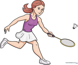 Colorful illustration of a young girl playing badminton, ready for a drawing lesson.