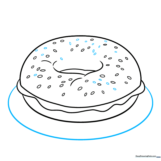 Drawing a plate underneath the bagel using a wide curved line.