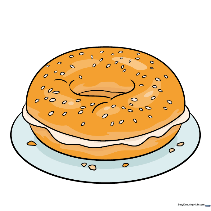A fully colored bagel drawing with golden brown crust and cream filling.