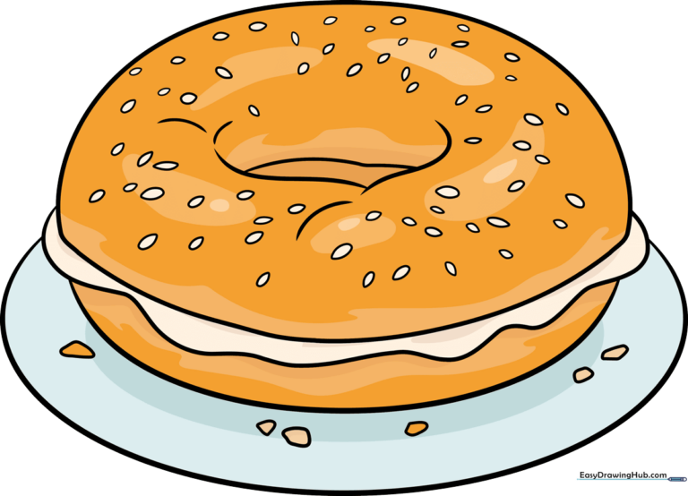 A colorful, finished drawing of a bagel on a plate, ready for artistic inspiration.