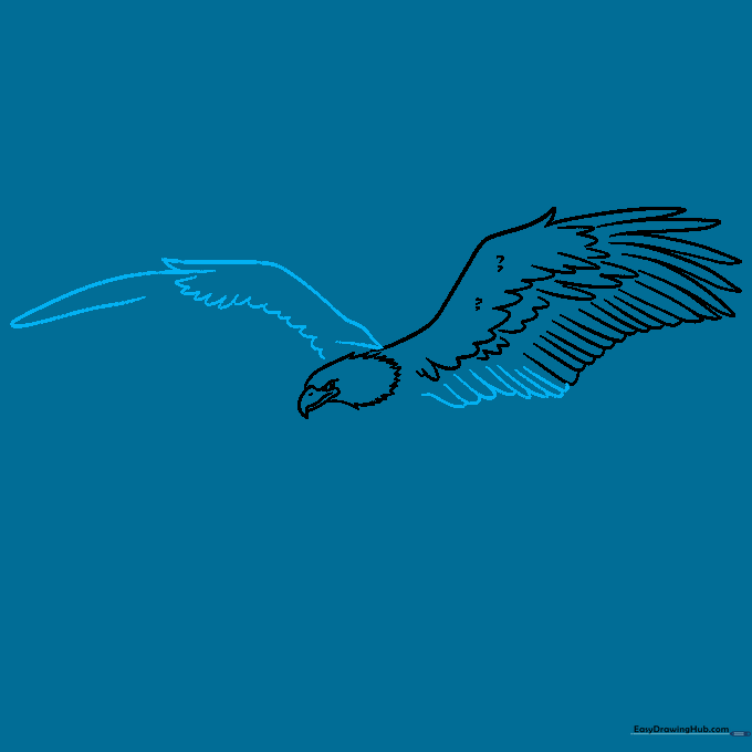 Starting the second wing of the eagle, positioned behind the head to show perspective.