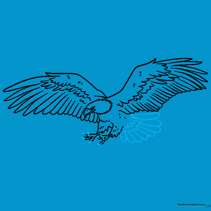Finalizing the eagle's tail feathers with long, fanned-out strokes.