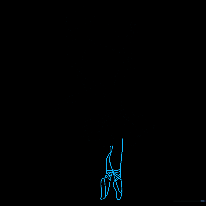 Drawing the ballerina's legs and detailed ballet slippers with ribbon ties.