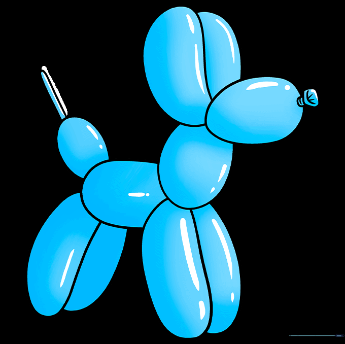 Completed blue balloon dog drawing with white highlights for a 3D effect.