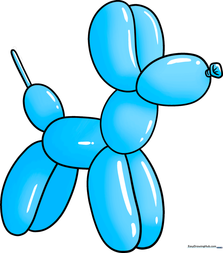 A colorful, finished balloon dog drawing, demonstrating the final result of the tutorial.