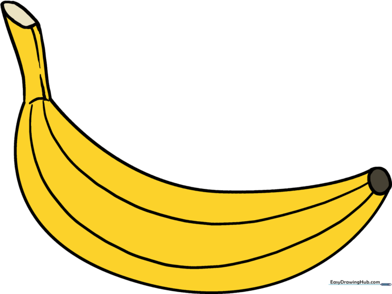 A vibrant, finished drawing of a banana, perfect for young artists to emulate.