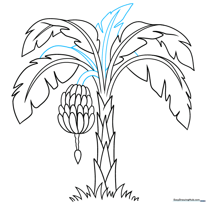 Connecting the banana bunch to the tree and adding background foliage for depth.