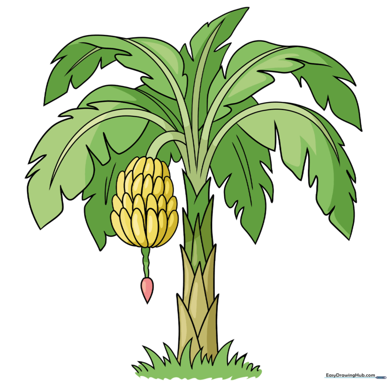 A colorful, finished cartoon banana tree drawing, perfect for kids to emulate.