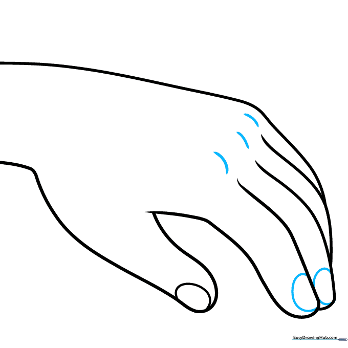 Adding fingernail ovals and small knuckle dashes to the hand sketch.