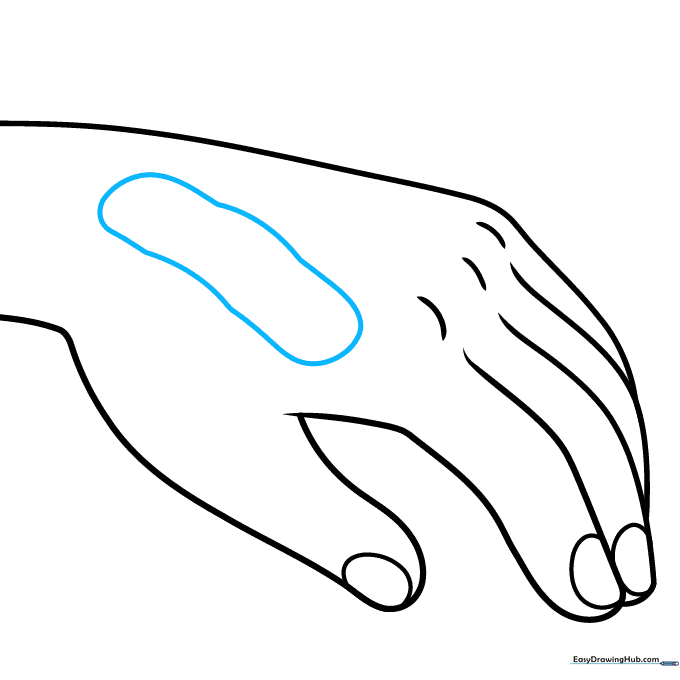 Drawing the first bandage strip across the hand using curved lines.