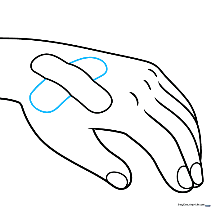 Drawing a second bandage strip crossing the first to form an X shape.