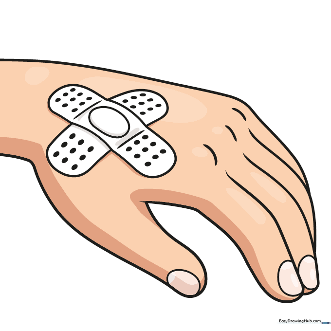 The finished, colored drawing of a band-aid on a hand with shading and highlights.